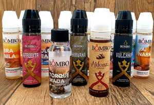 Sélection de E-liquides de la marque Bombo, saveurs tabac gourmand, fruité, fruité frais et boisson.